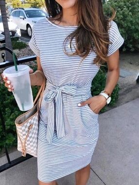 Striped Tie-Waist Midi Dress in Blue and White